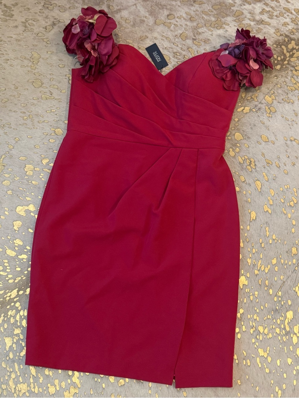 Marchesa Notte Strapless Floral-Shoulder Fuschia Cocktail Dress